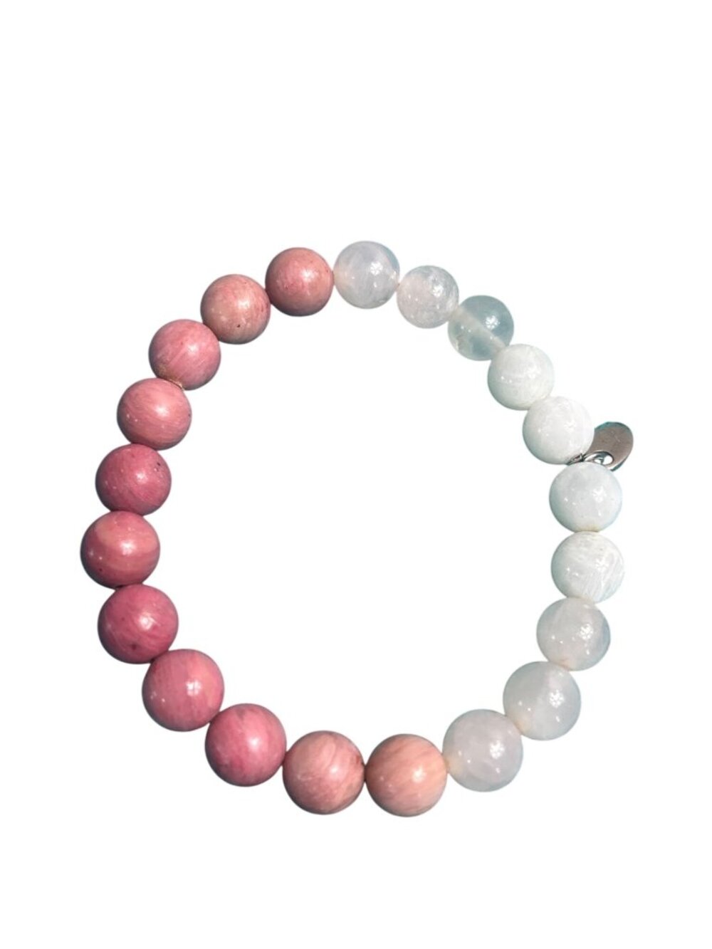 Humble Heart Pink Rhodonite White Clear Quartz Stone Beaded Stretchy Bracelet